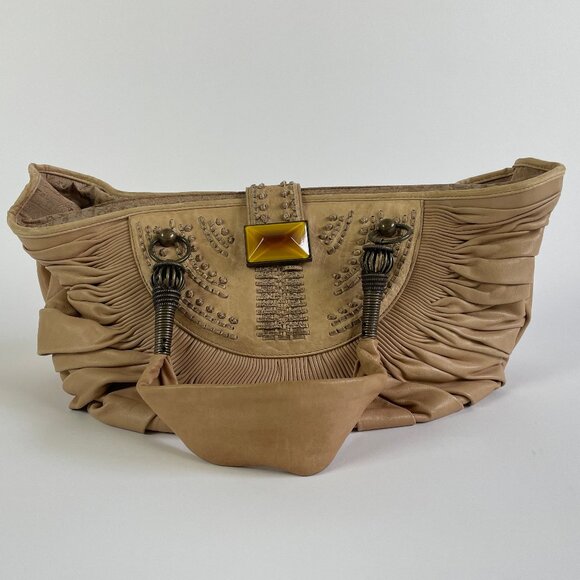 Vintage Christian Dior Beige Pleated Lambskin Leather Plisse Tote Bag - Picture 1 of 16